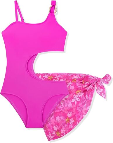 Ochine Girls Swimsuit Quick Dry Cut Out One Piece Bathing Suit with Hawaiian Tropical Print Cover Up Skirt 9-16Y in Kuwait