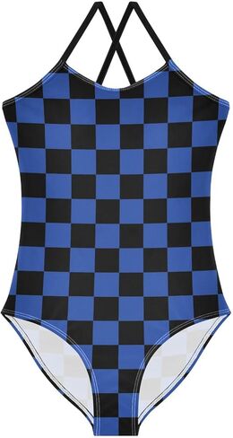 Black and White Chess Girls One Piece Swimsuits Board Marble Tile Sport Halter Swimwear Beach Bathing Suit 3T in Kuwait