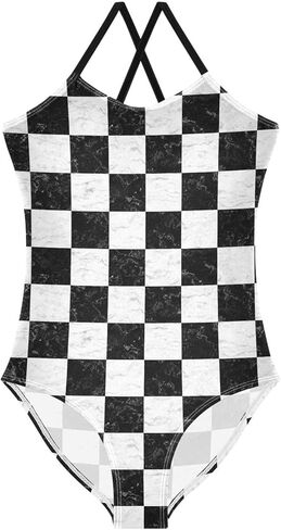 Black and White Chess Girls One Piece Swimsuits Board Marble Tile Sport Halter Swimwear Beach Bathing Suit 3T in Saudi Arabia