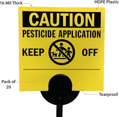SmartSign (20-Pack) Caution Pesticide Application Keep Off Yard Sign with Stake, 16 mil HDPE Plastic Yellow/Black, 4"x4" Lawn Signs with 16" Stakes Kit, Made in USA in Saudi Arabia