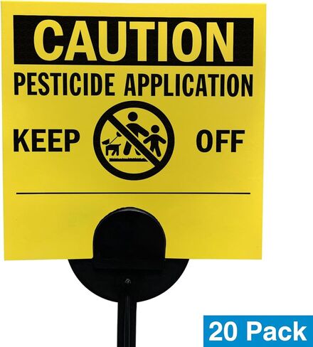 SmartSign (20-Pack) Caution Pesticide Application Keep Off Yard Sign with Stake, 16 mil HDPE Plastic Yellow/Black, 4"x4" Lawn Signs with 16" Stakes Kit, Made in USA in Saudi Arabia