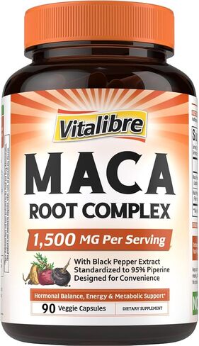 Vitalibre Maca Root Capsules for Women & Men, 1500 mg Maca Root Per Serving, with Black Pepper for Max Absorption, 95% Piperine, Vitality, Mood, Metabolic Support, 120 Capsules in Saudi Arabia