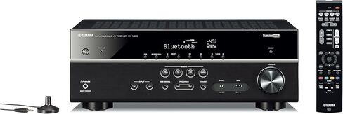 Yamaha RX-V385 5.1-channel 4K Ultra HD AV Receiver مع NS-SW050BL 8 "100W مضخم الصوت ، Black in Kuwait