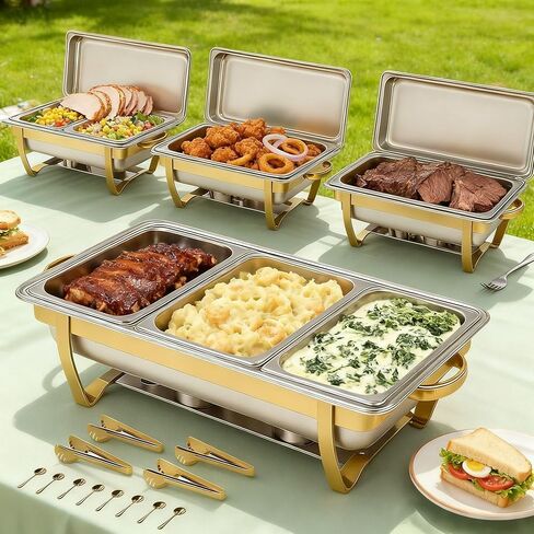 4 Pack Stainless Steel Chafing Dishes for Buffet, 9 QT Capacity 7 Pans Food Warmers for Parties, Weddings, Events Hosting, Family Gatherings, Full Set Catering Server with Serving Utensils Accessories in Saudi Arabia