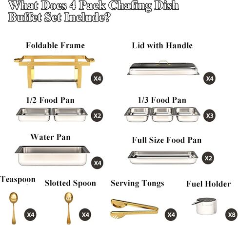 4 Pack Stainless Steel Chafing Dishes for Buffet, 9 QT Capacity 7 Pans Food Warmers for Parties, Weddings, Events Hosting, Family Gatherings, Full Set Catering Server with Serving Utensils Accessories in Saudi Arabia