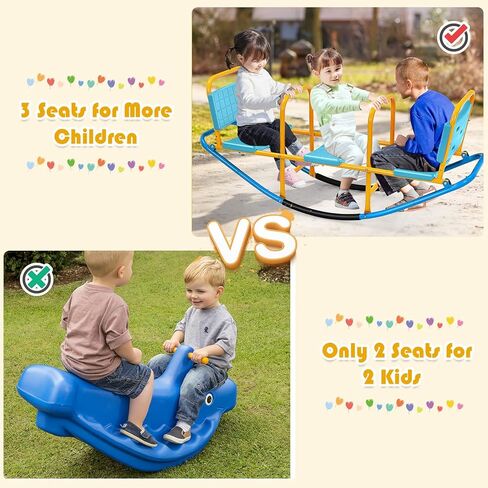 KOTEK Teeter Totter, 3-Person Metal Rocking Seesaw with Back & Easy-Grip Handles, Playground Equipment for Backyard Daycare, Indoor Outdoor Rocker Toy Seesaw for Kids Toddlers (Blue) in Kuwait