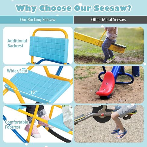 KOTEK Teeter Totter, 3-Person Metal Rocking Seesaw with Back & Easy-Grip Handles, Playground Equipment for Backyard Daycare, Indoor Outdoor Rocker Toy Seesaw for Kids Toddlers (Blue) in Kuwait