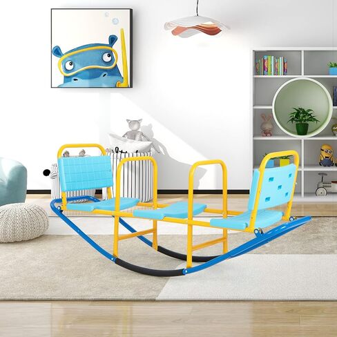 KOTEK Teeter Totter, 3-Person Metal Rocking Seesaw with Back & Easy-Grip Handles, Playground Equipment for Backyard Daycare, Indoor Outdoor Rocker Toy Seesaw for Kids Toddlers (Blue) in Kuwait
