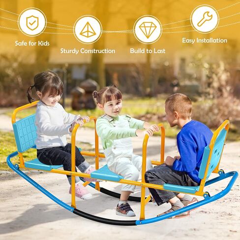 KOTEK Teeter Totter, 3-Person Metal Rocking Seesaw with Back & Easy-Grip Handles, Playground Equipment for Backyard Daycare, Indoor Outdoor Rocker Toy Seesaw for Kids Toddlers (Blue) in Kuwait