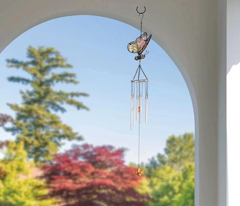 Butterfly Glass and Metal Outdoor Wind Chime, Colorful Garden Wind Chime with Melodious Tubes, Weather-Resistant Patio Decor for Porch, Balcony & Yard in Saudi Arabia