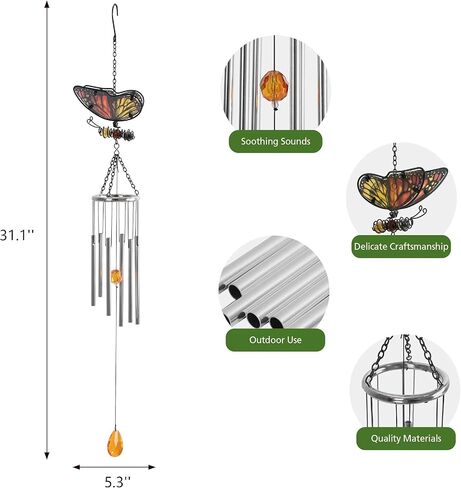 Butterfly Glass and Metal Outdoor Wind Chime, Colorful Garden Wind Chime with Melodious Tubes, Weather-Resistant Patio Decor for Porch, Balcony & Yard in Saudi Arabia
