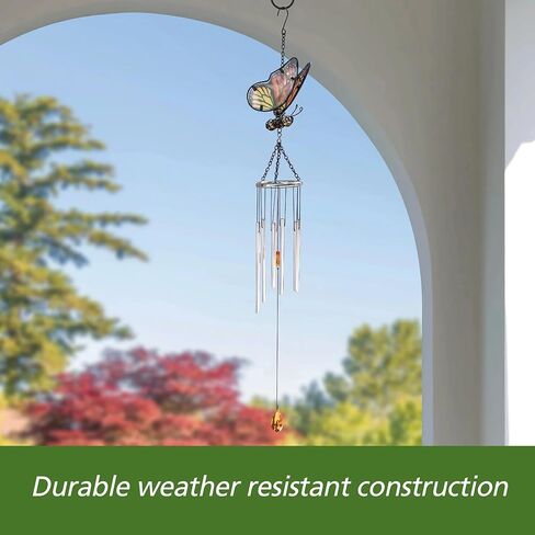 Butterfly Glass and Metal Outdoor Wind Chime, Colorful Garden Wind Chime with Melodious Tubes, Weather-Resistant Patio Decor for Porch, Balcony & Yard in Saudi Arabia