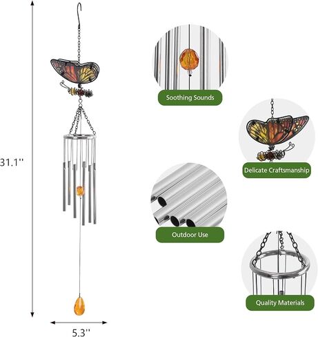 Butterfly Glass and Metal Outdoor Wind Chime, Colorful Garden Wind Chime with Melodious Tubes, Weather-Resistant Patio Decor for Porch, Balcony & Yard in Saudi Arabia
