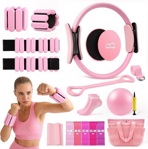طقم بيلاتيس 16 قطعة من Uyittour، طقم تمارين بيلاتيس منزلي مع أوزان للكاحل، حلقة بيلاتيس ومجموعة كرة للنساء، معدات بيلاتيس مع أشرطة مقاومة، مزلقات أساسية وجوارب لبدء التدريبات المنزلية in Kuwait