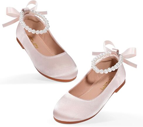 MEJORMEN Flower Girl Shoes Girls Dress Shoe Toddler Mary Jane Ballet Flats Princess Lace-Up Pearl Ankle Strap Dress Shoes for Wedding Party School in Saudi Arabia