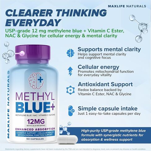 كبسولات أزرق الميثيلين النقي، مكمل أزرق الميثيلين النهائي، 12 ملجم - 60 كبسولة، درجة صيدلانية مع فيتامين ج إستر وجليسين NAC، يدعم الوظيفة الخلوية والميتوكوندريا، صنع في الولايات المتحدة الأمريكية in Kuwait