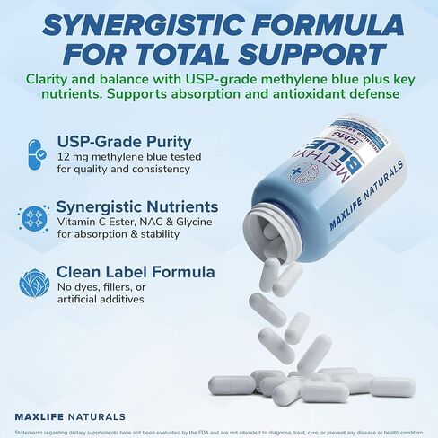كبسولات أزرق الميثيلين النقي، مكمل أزرق الميثيلين النهائي، 12 ملجم - 60 كبسولة، درجة صيدلانية مع فيتامين ج إستر وجليسين NAC، يدعم الوظيفة الخلوية والميتوكوندريا، صنع في الولايات المتحدة الأمريكية in Kuwait