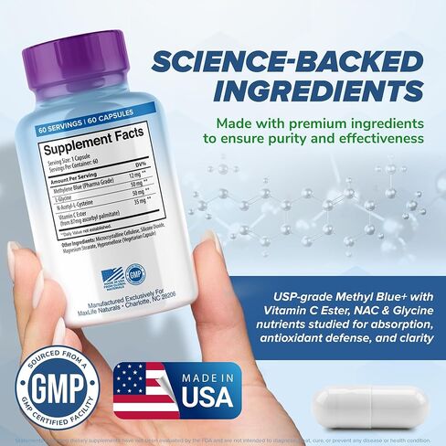 كبسولات أزرق الميثيلين النقي، مكمل أزرق الميثيلين النهائي، 12 ملجم - 60 كبسولة، درجة صيدلانية مع فيتامين ج إستر وجليسين NAC، يدعم الوظيفة الخلوية والميتوكوندريا، صنع في الولايات المتحدة الأمريكية in Kuwait
