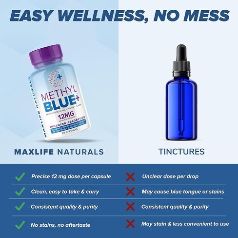 كبسولات أزرق الميثيلين النقي، مكمل أزرق الميثيلين النهائي، 12 ملجم - 60 كبسولة، درجة صيدلانية مع فيتامين ج إستر وجليسين NAC، يدعم الوظيفة الخلوية والميتوكوندريا، صنع في الولايات المتحدة الأمريكية in Kuwait