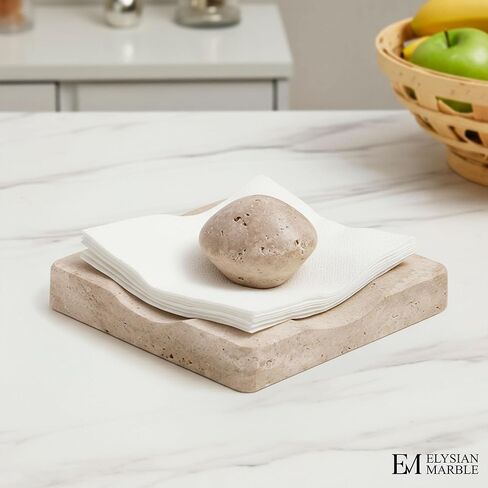 Marble Cocktail Napkin Holder with Weight, Modern Square Napkin Holder for Table, Decorative Heavy Napkin Holder for Indoor & Outdoor Dining, Kitchen & Coffee Table Decor - Travertine in Saudi Arabia
