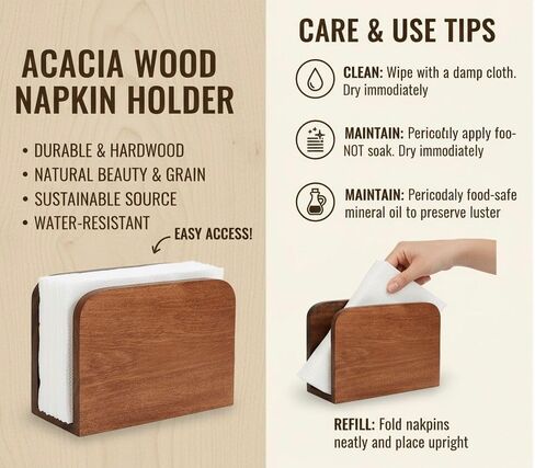 حامل مناديل خشبي للطاولة، حامل مناديل ورقية من خشب السنط لطاولة المطبخ وطاولة الطعام وديكور المنزل (5.5 عمق × 2.5 عرض × 4 ارتفاع بوصة) in Kuwait