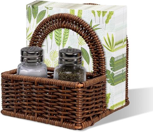 حامل مناديل الروطان مع حامل هزازات الملح والفلفل للطاولة، منظم سطح المطبخ - تخزين متعدد الوظائف للمناديل الورقية والتوابل وأساسيات الطعام in Kuwait