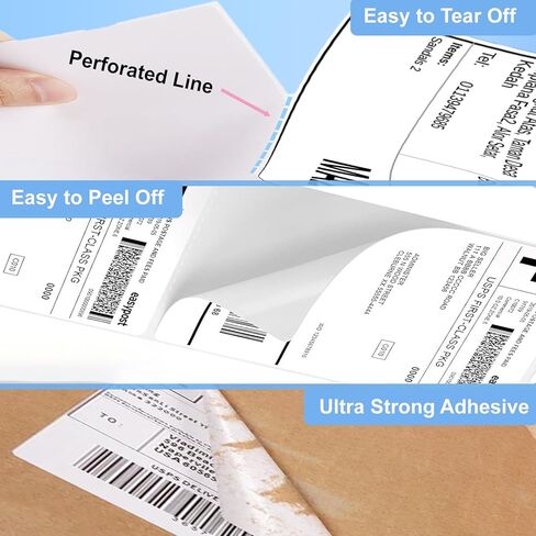 ملصق شحن حراري مباشر Fanfold 4x6 500 ملصق/1 مكدس، ملصقات حرارية بيضاء لطابعة ملصقات الشحن، لاصق مثقوب وقوي، درجة تجارية in Kuwait