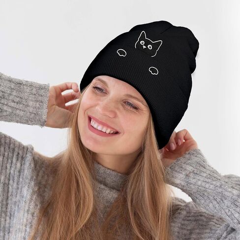 Embroidery Cat Beanie Hat,Cute Cat Animal Lovers Gifts,Winter Warm Knit Cuffed Cap for Women Girls in Saudi Arabia