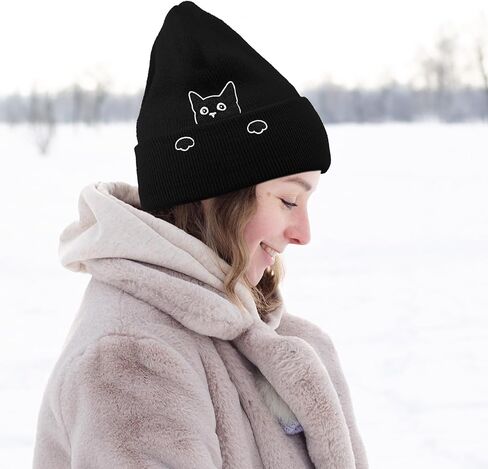 Embroidery Cat Beanie Hat,Cute Cat Animal Lovers Gifts,Winter Warm Knit Cuffed Cap for Women Girls in Saudi Arabia