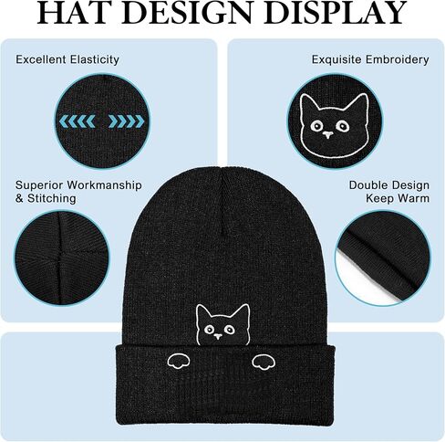 Embroidery Cat Beanie Hat,Cute Cat Animal Lovers Gifts,Winter Warm Knit Cuffed Cap for Women Girls in Saudi Arabia