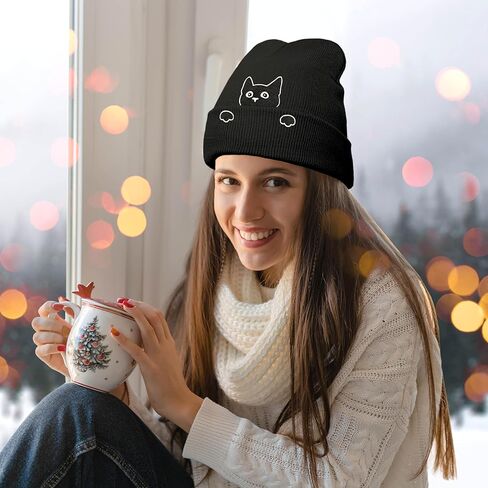 Embroidery Cat Beanie Hat,Cute Cat Animal Lovers Gifts,Winter Warm Knit Cuffed Cap for Women Girls in Saudi Arabia