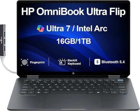HP Omnibook Ultra Flip 2-in-1 Laptop 14.0 "شاشة تعمل باللمس 2.8K (Intel Ultra 7-256V ، 16GB LPDDR5 ، 1TB PCIE SSD ، Backlit KB ، Phunsprint ، 2 Thunderbolt 4 ، Win 11 Pro) W/DKZ USB Portender. in Kuwait