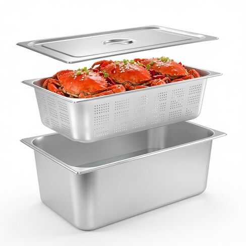 Dyna-Living 3 Pack Full Size 6 Inch, 8 Inch Hotel Pan Perforated Steam Table Pans with Lid Stainless Steel Chafing Dish Pans Commercial Food Pan for Catering Buffet Hotel Home Restaurant Supplies in Kuwait