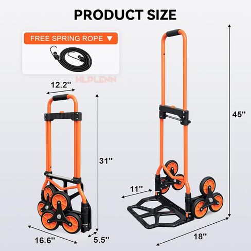 دوللي لتسلق السلالم بسعة 360 رطل، شاحنة يدوية لتسلق السلالم شديدة التحمل، عربة تسلق سلالم قابلة للطي بعجلات 4.2 بوصة وحبلين مرنين للمنزل أو العبوة أو المكتب أو التسوق in Kuwait