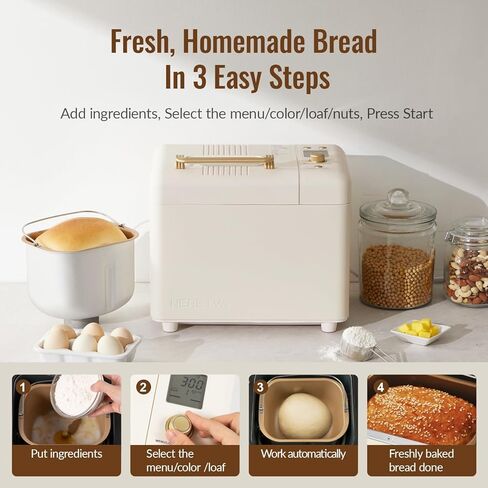 Neretva Bread Machine, 2.2LB 15-in-1 Bread Maker, Dual Heater Breadmaker Machine with Auto Nut Dispenser & Nonstick Ceramic Pan, Bread Maker Machine for Gluten Free, Dough Maker, Sourdough, Yogurt in Kuwait