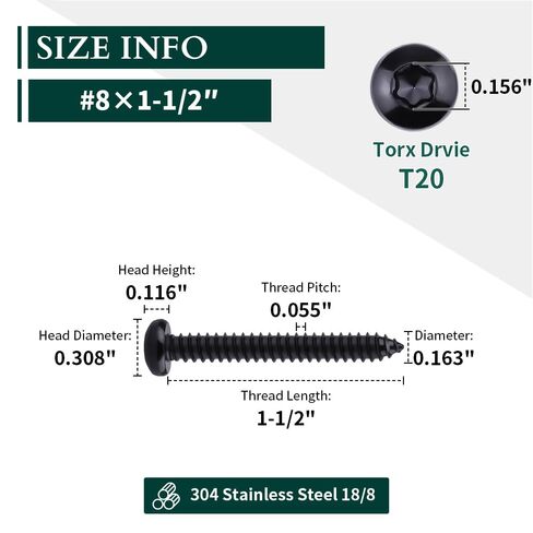 50-Pack #8 x 1-1/2" Pan Torx Head Self Tapping Screws Black, 304 Stainless Steel 18/8, Black Coated, Rounded Head (Torx Bit Included) in Saudi Arabia