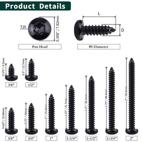 50-Pack #8 x 1-1/2" Pan Torx Head Self Tapping Screws Black, 304 Stainless Steel 18/8, Black Coated, Rounded Head (Torx Bit Included) in Saudi Arabia