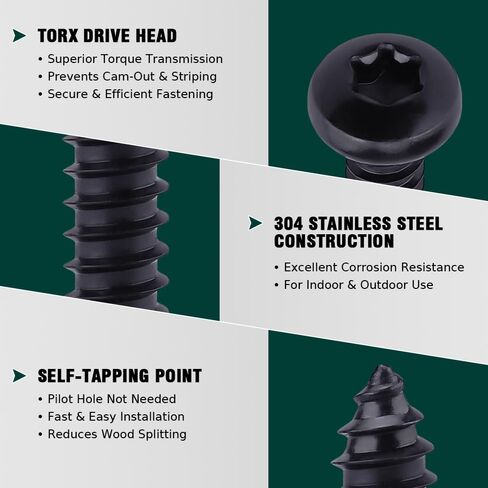 50-Pack #8 x 1-1/2" Pan Torx Head Self Tapping Screws Black, 304 Stainless Steel 18/8, Black Coated, Rounded Head (Torx Bit Included) in Saudi Arabia