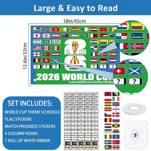 World Cup Schedule Poster Soccer Football Matches 2026 Fixtures World Cup Wall Chart Final Round 48 Team Collection Showcase for Fan Decor Gifts Includes Team Match Progression Stickers and 4 Hooks in Kuwait