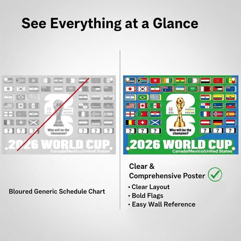 World Cup Schedule Poster Soccer Football Matches 2026 Fixtures World Cup Wall Chart Final Round 48 Team Collection Showcase for Fan Decor Gifts Includes Team Match Progression Stickers and 4 Hooks in Kuwait