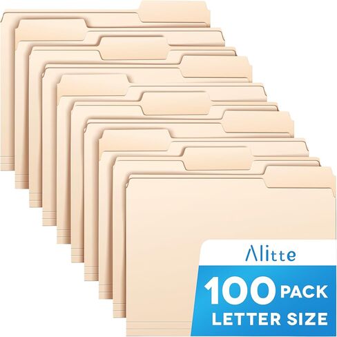 Manila Folders 8.5 x 11, Letter Size 100-Pack - File Folders for Documents 1/3-Cut Tabs, Assorted Positions, Folder Organizer for Home, Office or Classroom | Bulk Pack, Made in USA in Kuwait