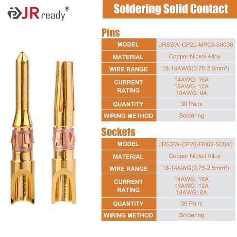 JRready JRSSW-CP20 Series Circular Connector Dedicated Contact Kit - 30 Pairs Gold-Plated Solid Terminals, Soldering Design, Supports 14-18AWG Wire Gauge in Saudi Arabia