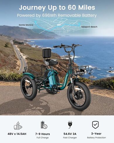 دراجة ثلاثية العجلات كهربائية من MOONCOOL للبالغين، دراجة كهربائية بإطار سميك 20 بوصة × 4 بوصة، دراجة كهربائية 48 فولت 500 وات بثلاث عجلات، 7 سرعات E للبالغين مع بطارية قابلة للإزالة، إطار من الألومنيوم وسلة كبيرة in Kuwait