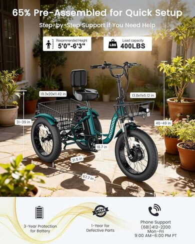 دراجة ثلاثية العجلات كهربائية من MOONCOOL للبالغين، دراجة كهربائية بإطار سميك 20 بوصة × 4 بوصة، دراجة كهربائية 48 فولت 500 وات بثلاث عجلات، 7 سرعات E للبالغين مع بطارية قابلة للإزالة، إطار من الألومنيوم وسلة كبيرة in Kuwait