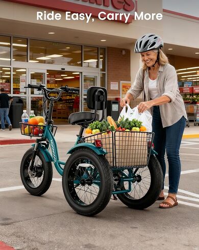 دراجة ثلاثية العجلات كهربائية من MOONCOOL للبالغين، دراجة كهربائية بإطار سميك 20 بوصة × 4 بوصة، دراجة كهربائية 48 فولت 500 وات بثلاث عجلات، 7 سرعات E للبالغين مع بطارية قابلة للإزالة، إطار من الألومنيوم وسلة كبيرة in Kuwait