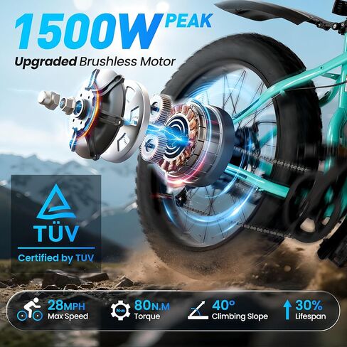 Electric Mountain Bike for Adults, 1500W Peak 72Miles + 28 MPH, 26"x4" All-Terrain Fat Tire E Bike with Removable Battery, 7 Speed Front Suspension, Dual Brake, LCD & Horn(TUV & UL2849) in Saudi Arabia