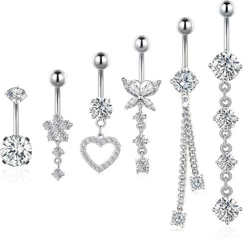 Belly Button Ring Gold Plated Silver CZ Belly Rings for Women Heart Butterfly Flower Dangle Navel Belly Button Piercing Jewelry in Kuwait