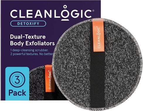 Cleanlogic Detoxify Purifying Charcoal Infused Exfoliating Body Scrubber, Dual-Texture Round Exfoliator Tool for Smooth, Clean Skin, Daily Skincare Routine, 3 Count Value Pack in Saudi Arabia