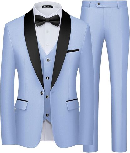 بدلة Wulful Men's 3 قطع الابتدائية Slim Fit Suit Suit Tuxedo Suit One Button Shawl Lapel Blazer Stake Stake Step for Prom ، Business in Kuwait