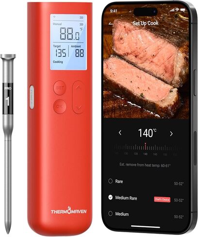 ميزان حرارة اللحوم اللاسلكي الذكي بتقنية البلوتوث من ThermoMaven، إشارة وثبات معززة 10X Sub-1G، قاعدة عرض مستقلة، دقة معتمدة ±0.5 درجة فهرنهايت، نطاق واي فاي غير محدود للشواء والفرن والمدخن والشواية in Kuwait